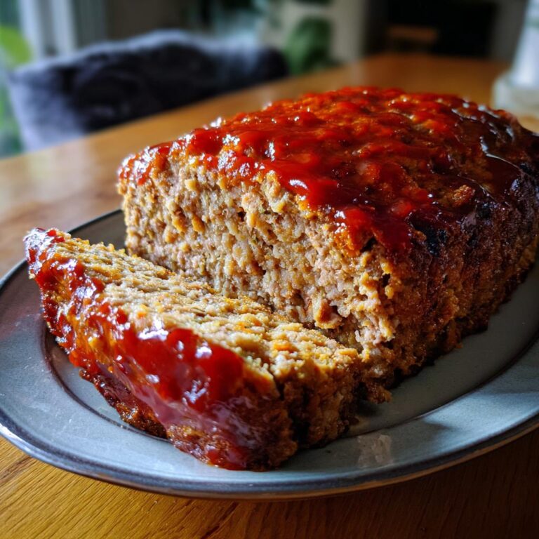 Saftiger Bester Hackbraten aus dem Ofen, mit einer Scheibe abgetrennt und mit Glasur überzogen.
