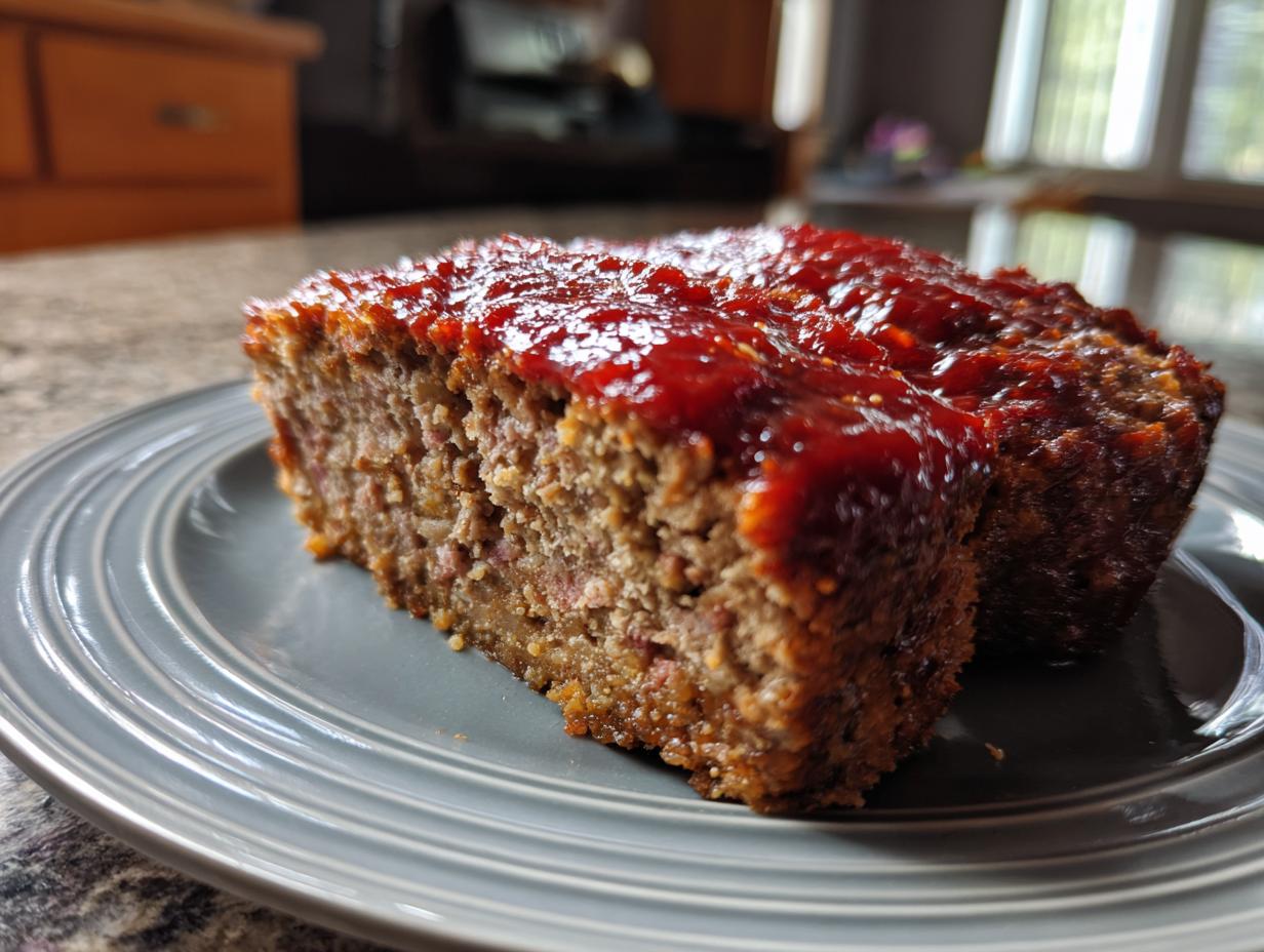 Ein saftiges Stück Bester Hackbraten aus dem Ofen, bedeckt mit einer glänzenden, roten Glasur, auf einem grauen Teller.