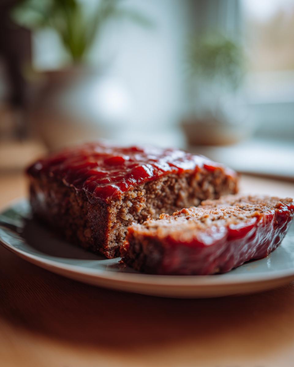 Saftiger Bester Hackbraten aus dem Ofen, mit einer Scheibe abgeschnitten, bedeckt mit einer glänzenden roten Glasur.