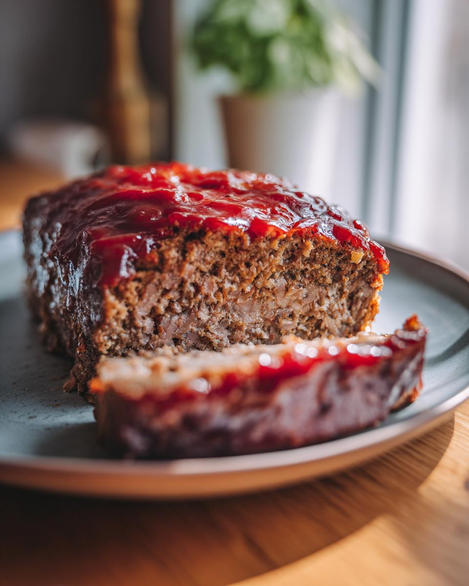 Saftiger Bester Hackbraten aus dem Ofen, aufgeschnitten und mit einer roten Glasur überzogen.