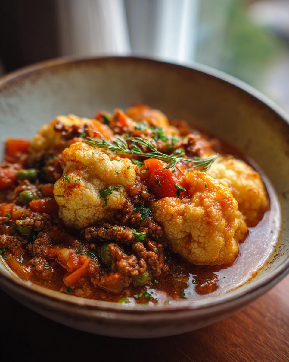 A close-up of a rustic bowl filled with Blumenkohl-Hacktopf, featuring tender cauliflower florets in a rich ground meat and vegetable sauce.