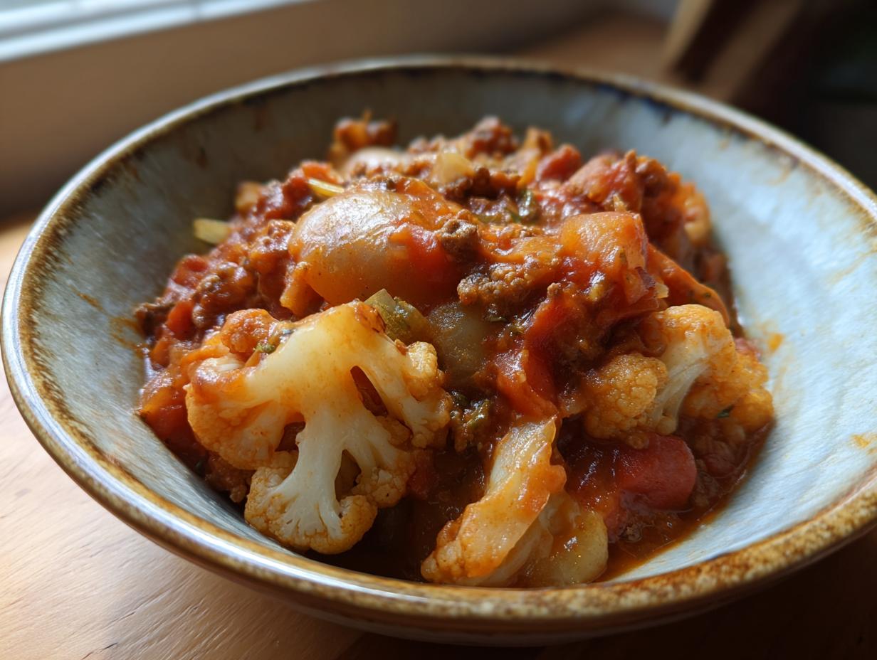 Close-up of a rustic bowl filled with Blumenkohl-Hacktopf, a German cauliflower and minced meat casserole in a rich tomato sauce.