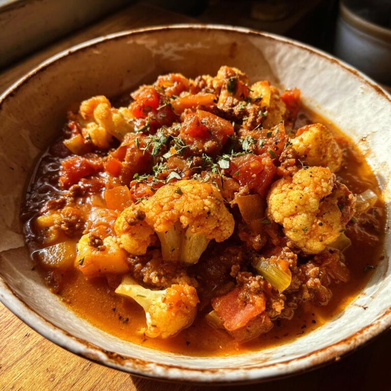Eine Schüssel mit Blumenkohl-Hacktopf, garniert mit Kräutern. Herzhaftes Gericht mit Blumenkohlröschen und Hackfleisch in Tomatensauce.