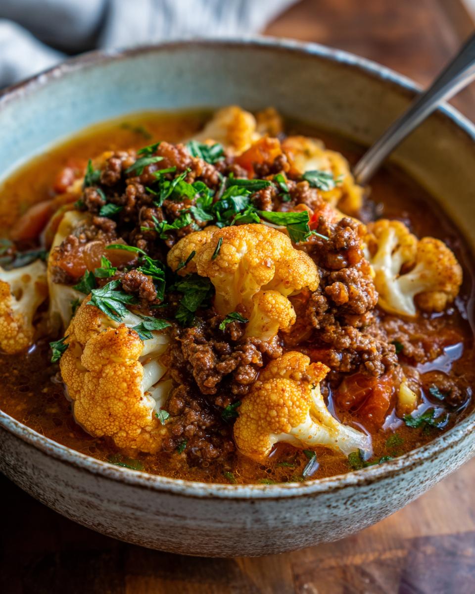 Nahaufnahme einer Schüssel mit Blumenkohl-Hacktopf, garniert mit frischer Petersilie.