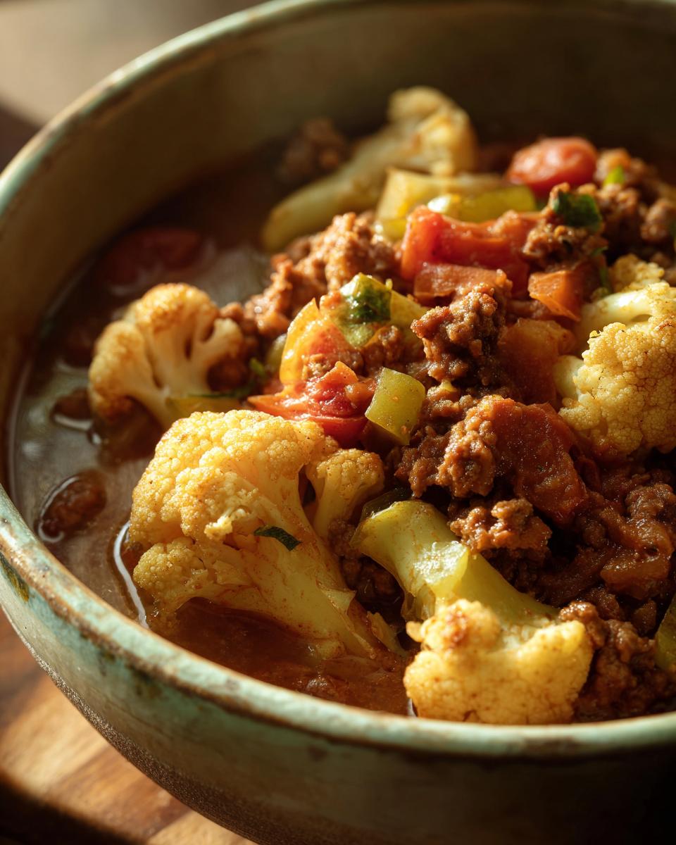 Nahaufnahme von Blumenkohl-Hacktopf mit Blumenkohlröschen und Hackfleisch in einer Schüssel.