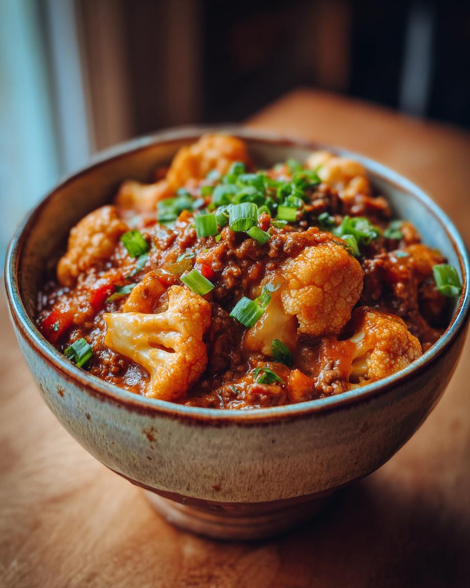 Eine Schüssel mit dampfendem Blumenkohl-Hacktopf, garniert mit Frühlingszwiebeln.