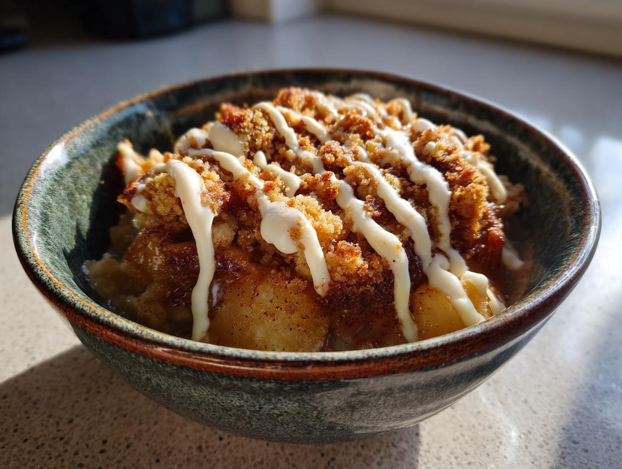 A close-up of a bowl filled with Bratapfel Crumble, topped with a drizzle of white cream.