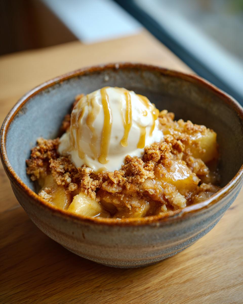 Eine Schüssel Bratapfel Crumble mit einer Kugel Vanilleeis, beträufelt mit Karamellsauce.