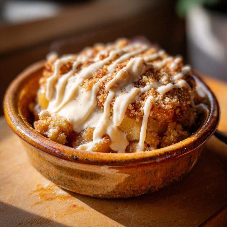 Ein köstlicher Bratapfel Crumble mit Zimtcreme in einer rustikalen Schale.