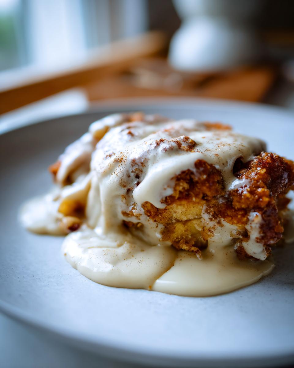 A close-up of a slice of Bratapfel Crumble auf Zimtcreme, generously topped with creamy cinnamon sauce.