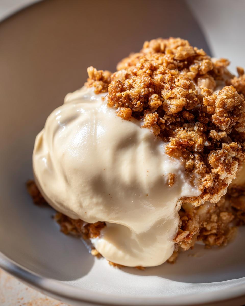 Close-up of Bratapfel Crumble auf Zimtcreme, featuring creamy sauce and crunchy crumble topping.