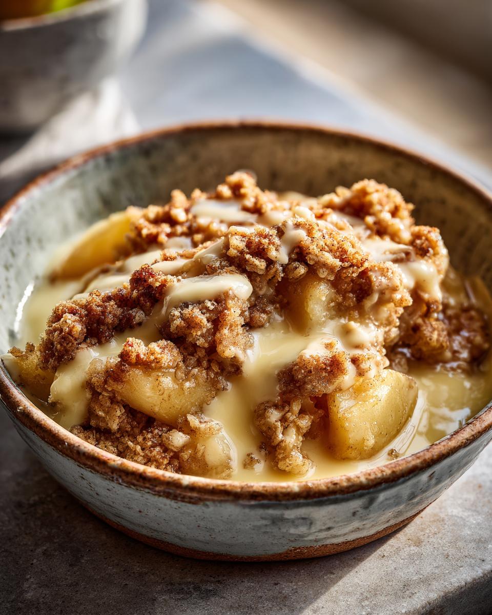 Bratapfel Crumble mit Zimtcreme in einer Schüssel, ein köstliches deutsches Dessert.