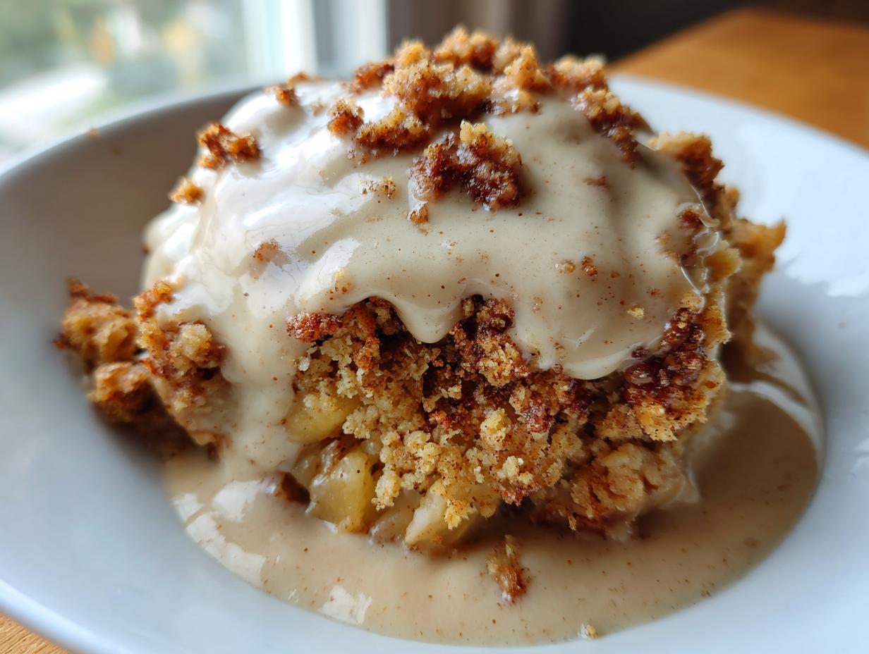 Close-up of a serving of Bratapfel Crumble auf Zimtcreme, with a creamy sauce and crumble topping.