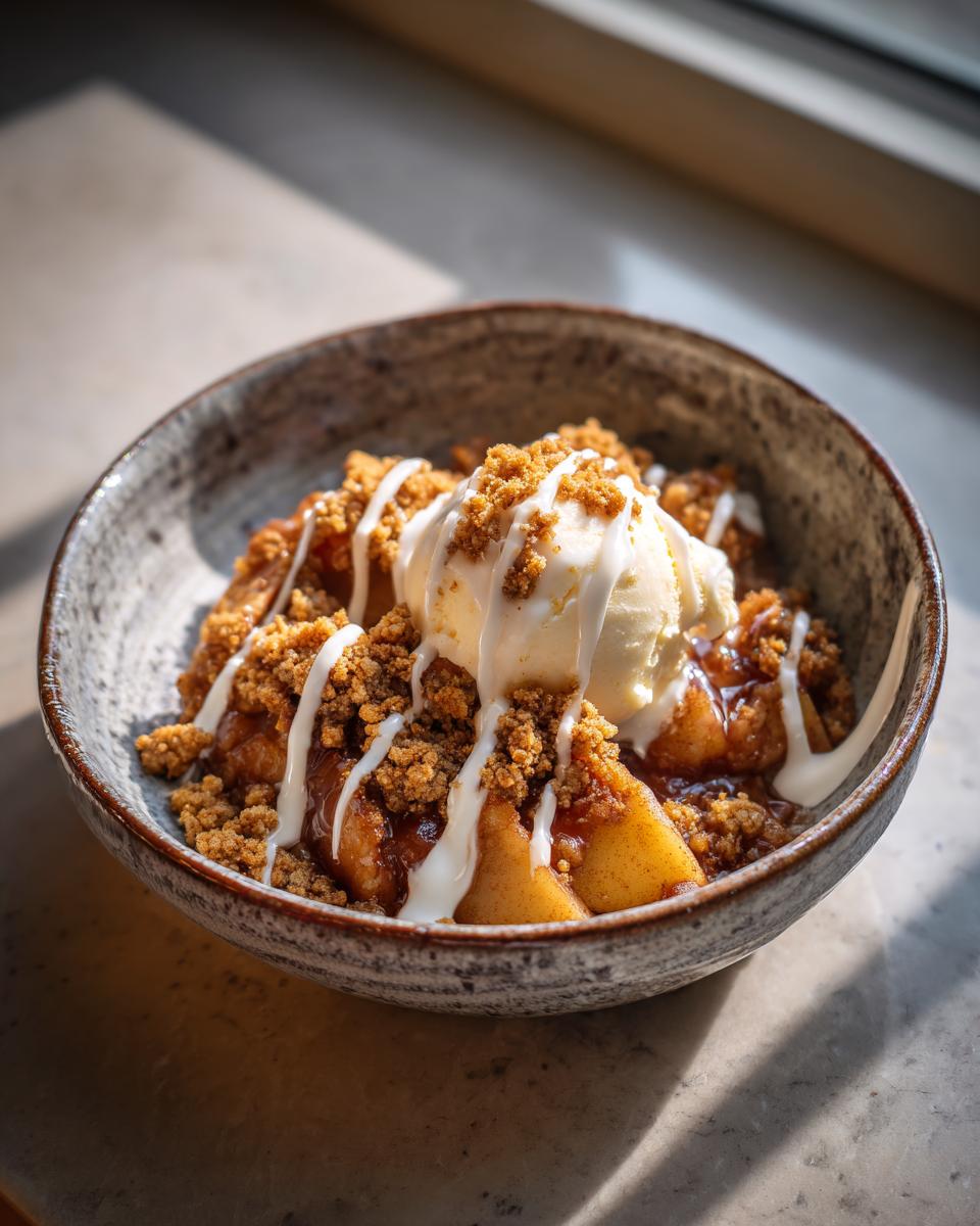Ein köstlicher Bratapfel Crumble mit Zimtcreme und einer Kugel Vanilleeis in einer Schüssel.