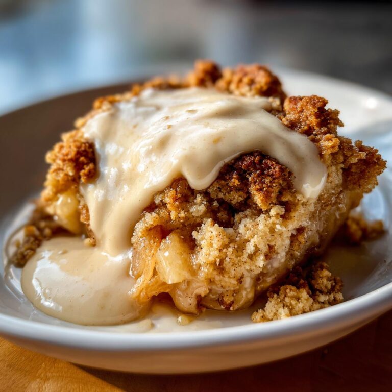 Eine köstliche Portion Bratapfel Crumble auf Zimtcreme, mit knuspriger Streuseldecke und cremiger Sauce.