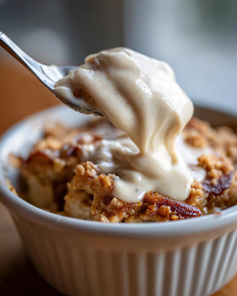 A spoonful of creamy cinnamon sauce being poured over a warm Bratapfel Crumble.