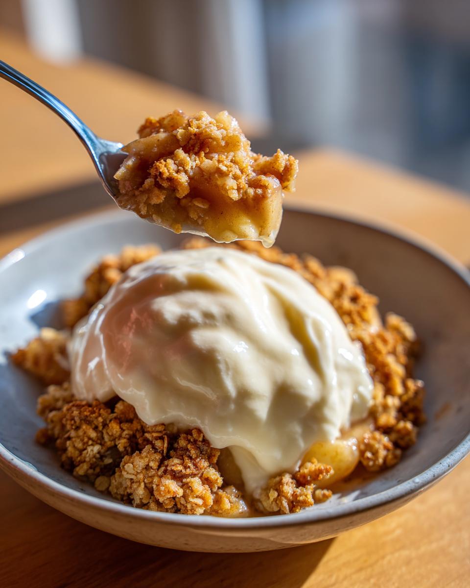 A spoonful of delicious Bratapfel Crumble auf Zimtcreme, showing the apple filling and crumble topping.