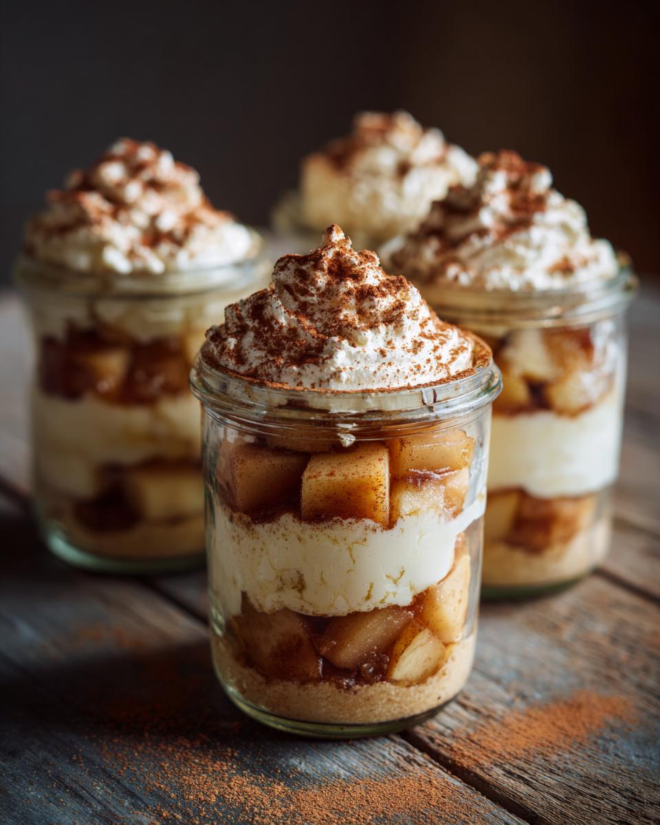 Schichtdessert Bratapfel Zimt Creme in Gläsern, garniert mit Schlagsahne und Zimt.