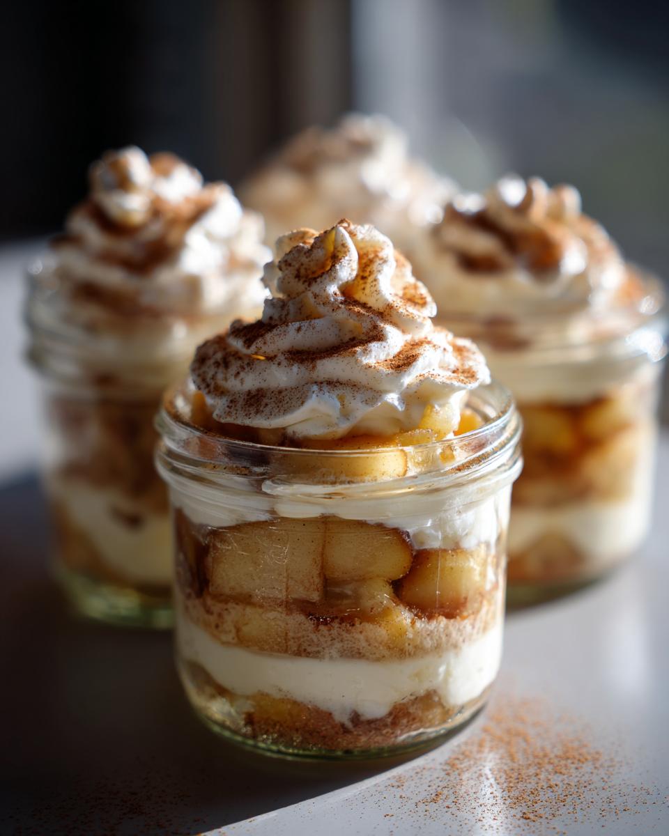 Drei Gläser mit Bratapfel Zimt Creme, garniert mit Schlagsahne und Zimt.