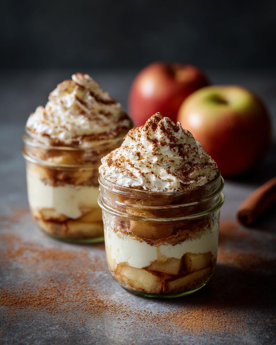 Two individual servings of Bratapfel Zimt Creme in glass jars, topped with whipped cream and cinnamon.
