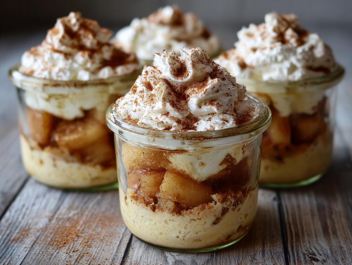Vier Gläser mit Bratapfel Zimt Creme, garniert mit Schlagsahne und Zimt.