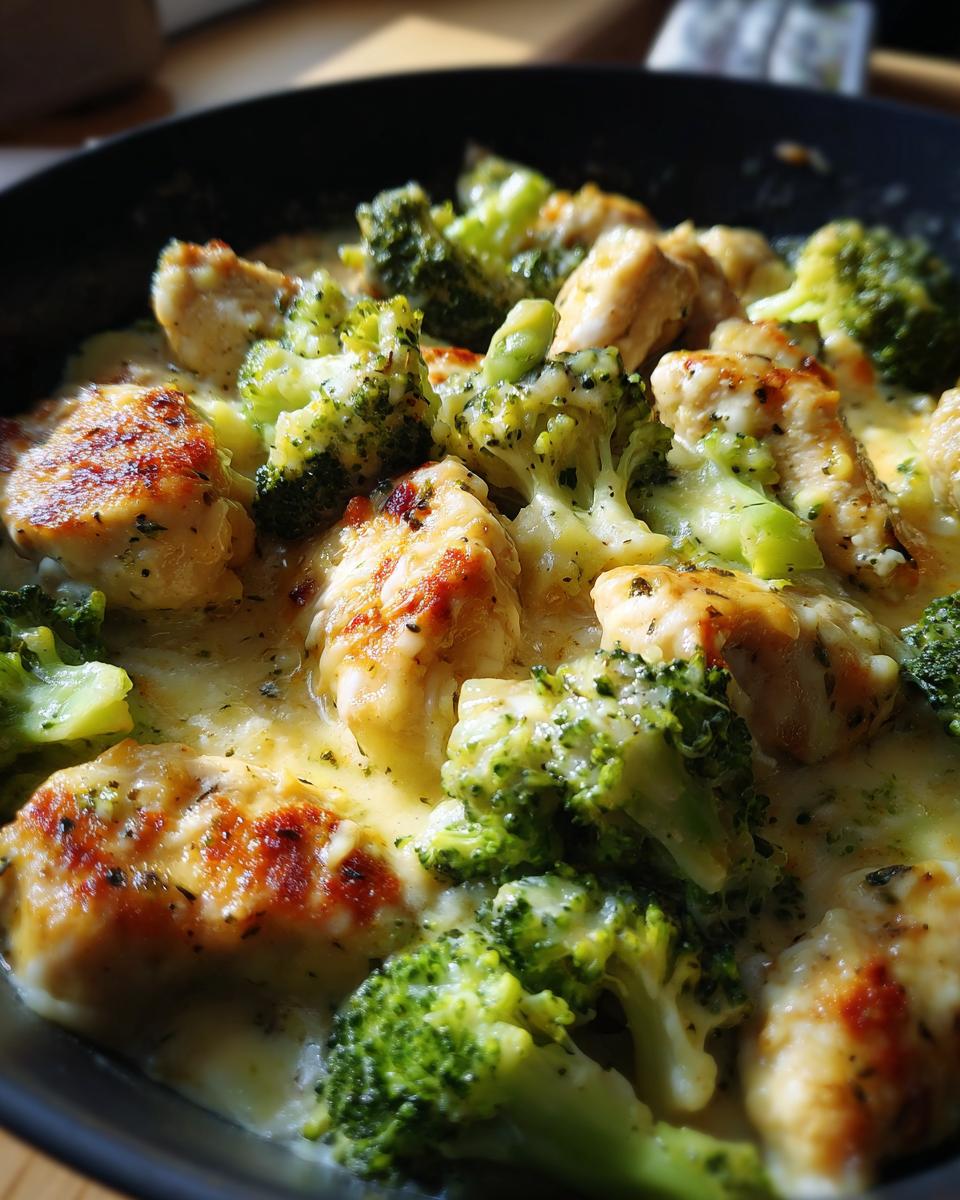 Close-up of Brokkoli-Hähnchenfilets in cremiger Käsesauce, showing tender chicken pieces and vibrant broccoli florets coated in melted cheese.