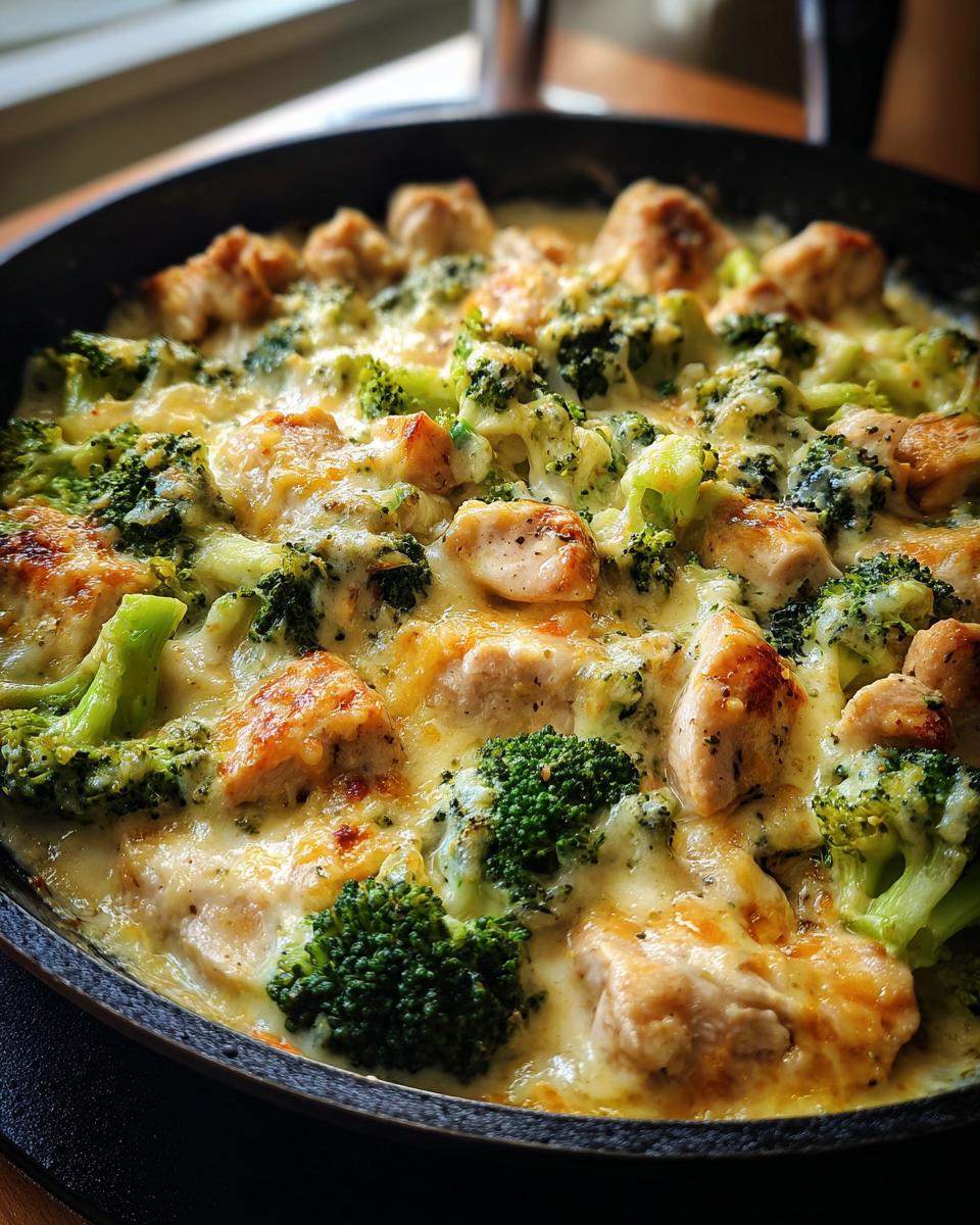 Brokkoli-Hähnchenfilets in cremiger Käsesauce, ein herzhaftes Gericht mit Hähnchenstücken und Brokkoli, überbacken mit geschmolzenem Käse.