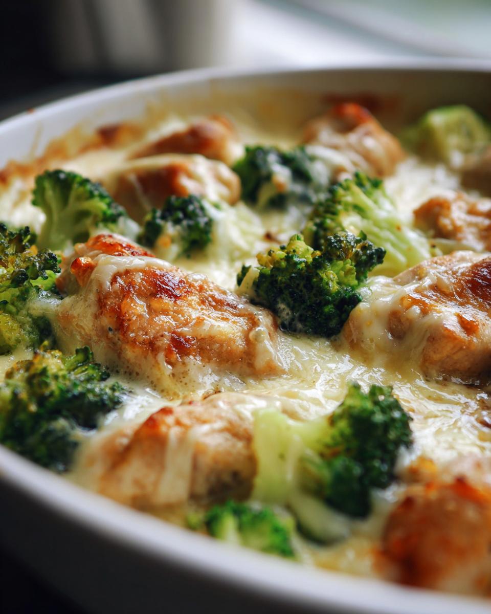 Nahaufnahme von Brokkoli-Hähnchenfilets in cremiger Käsesauce, ein herzhaftes deutsches Gericht.
