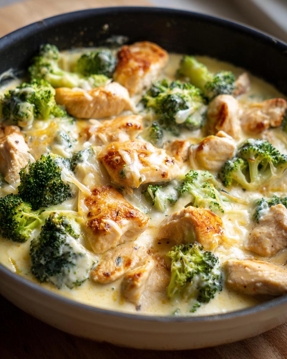Close-up of Brokkoli-Hähnchenfilets in cremiger Käsesauce, featuring tender chicken pieces and vibrant broccoli florets in a rich cheese sauce.