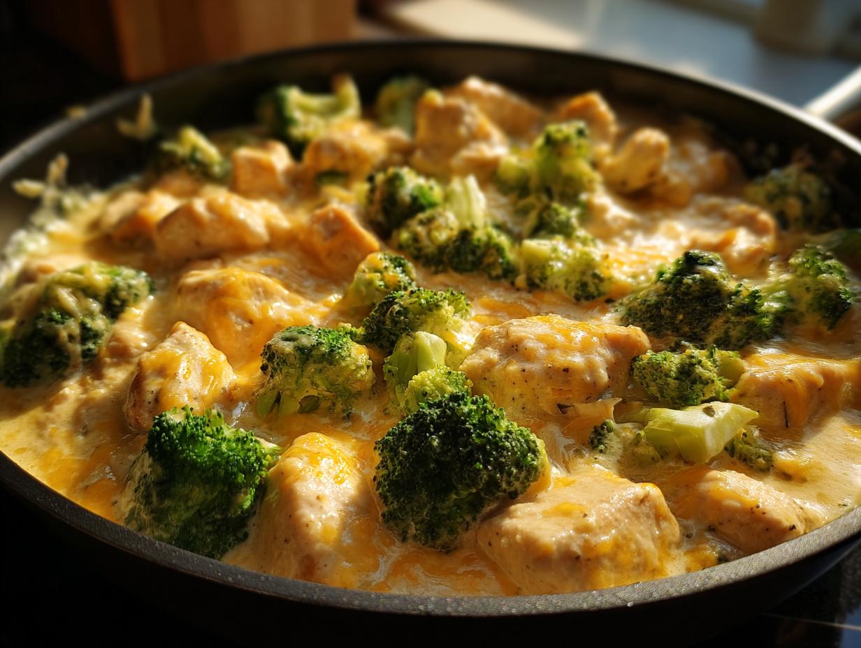 Nahaufnahme von Brokkoli-Hähnchenfilets in cremiger Käsesauce, serviert in einer Pfanne.