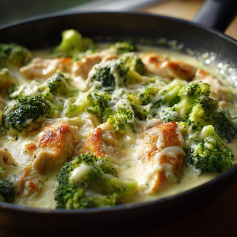Brokkoli-Hähnchenfilets in cremiger Käsesauce, ein schnelles und einfaches Gericht.