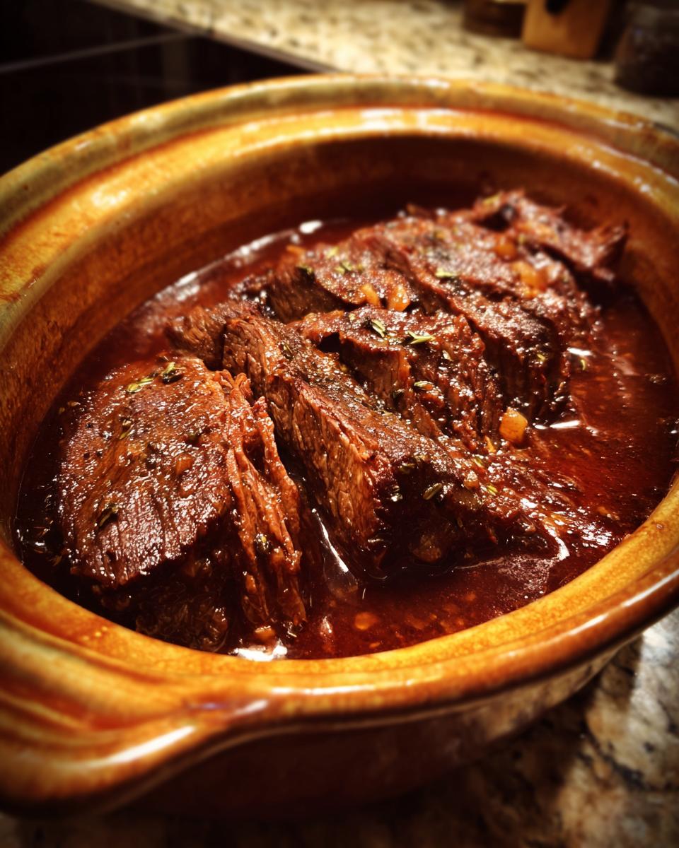 Close-up of tender slices of Burgunderbraten braised in a rich, dark sauce within a rustic clay pot.