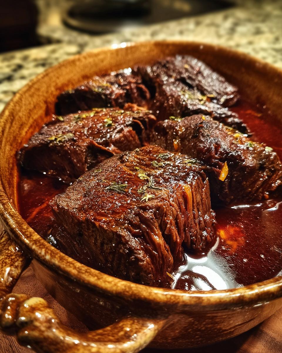 Close-up of tender Burgunderbraten pieces braised in a deep red wine sauce, garnished with herbs.