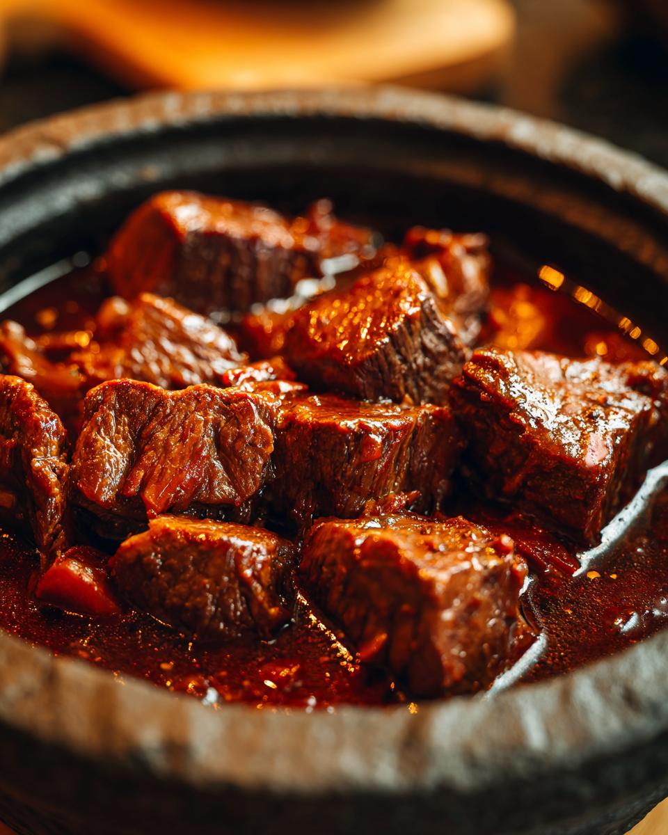 Close-up of tender chunks of Burgunderbraten slow-cooked in a dark, rich sauce.