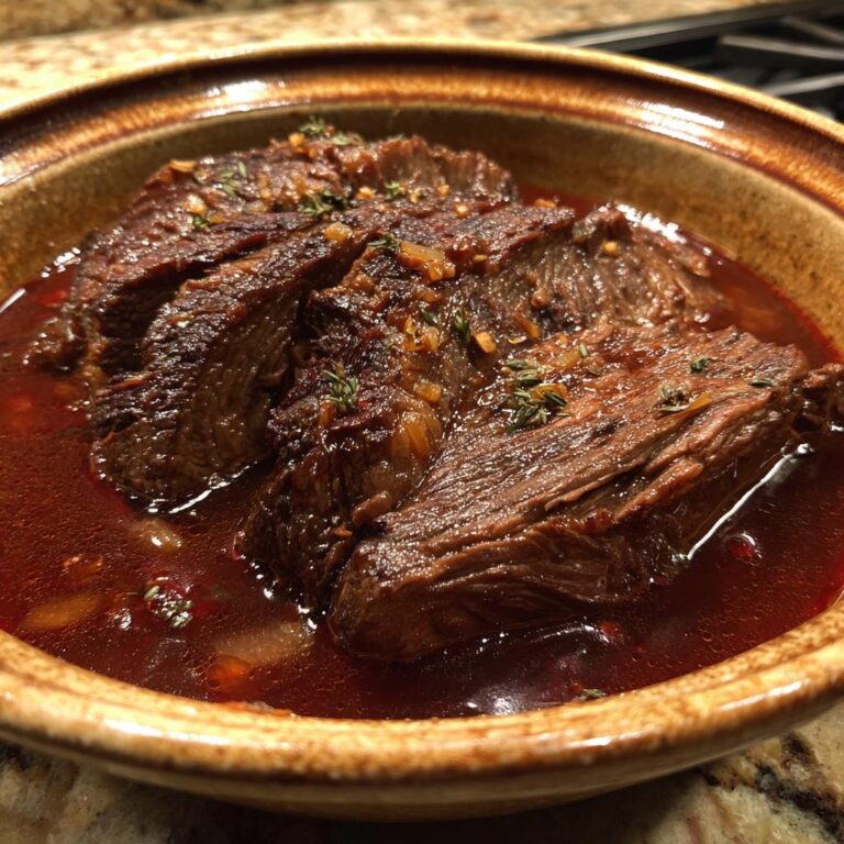 Close-up of succulent slices of German Burgunderbraten braised in a rich, dark sauce with herbs.