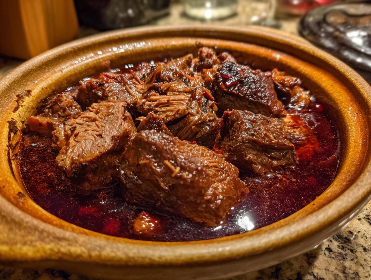Close-up of tender, shredded Burgunderbraten beef slow-cooked in a dark, rich sauce.