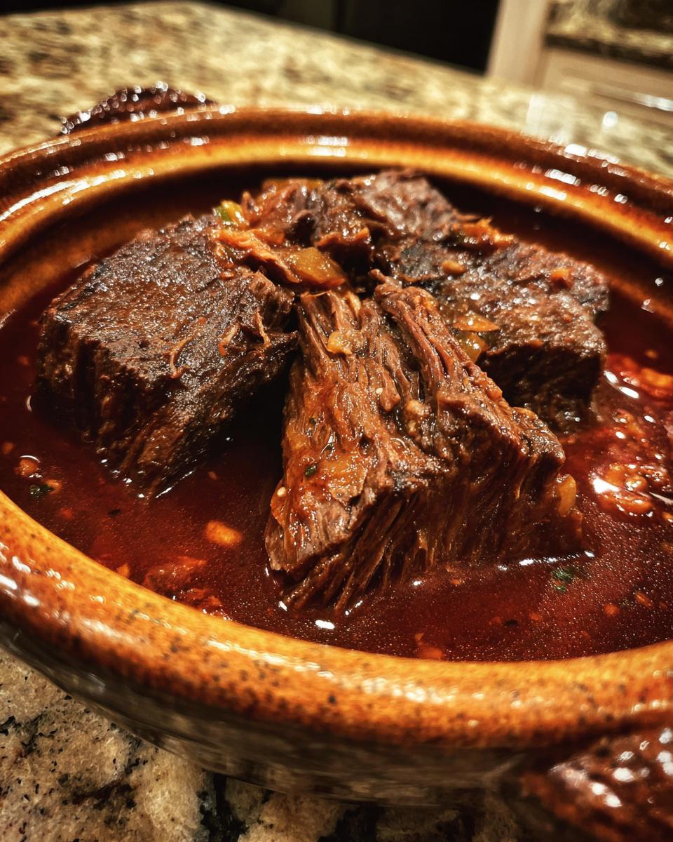 Close-up of tender pieces of Burgunderbraten braised in a rich, dark sauce.