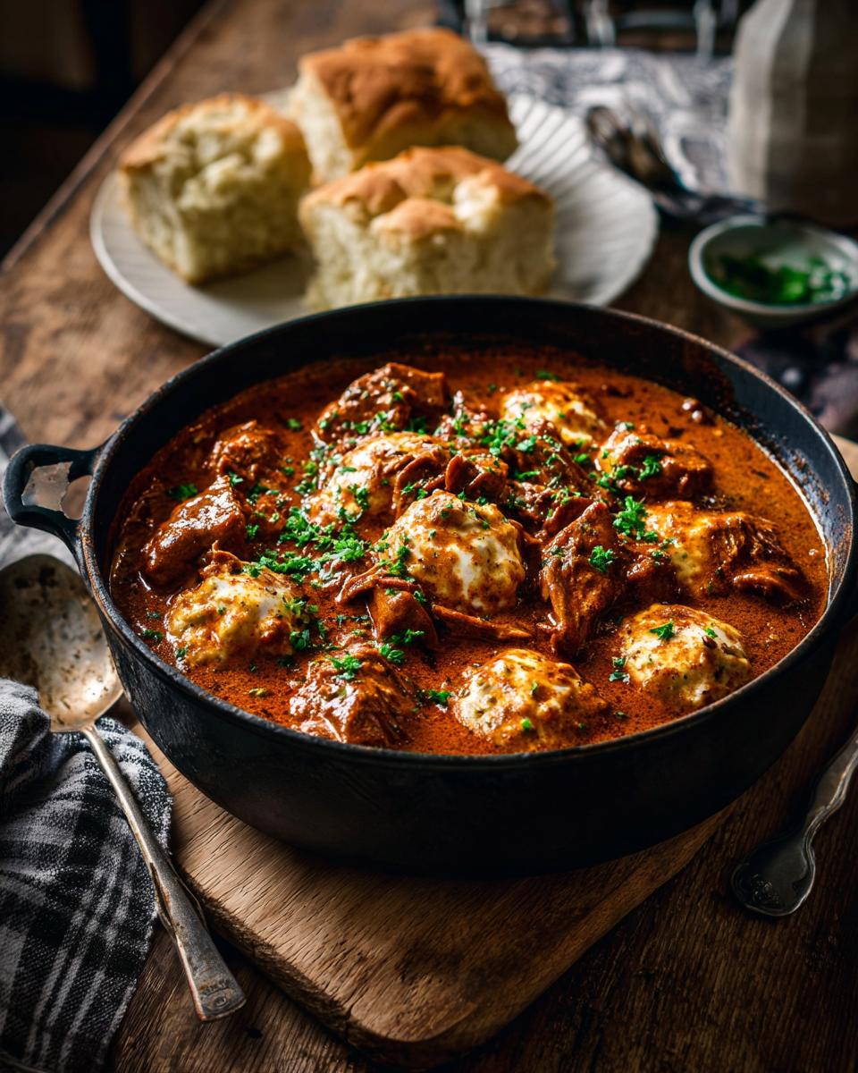 Butterzartes Rahmgulasch mit Serviettenknödel, garniert mit Petersilie, serviert in einer gusseisernen Pfanne.