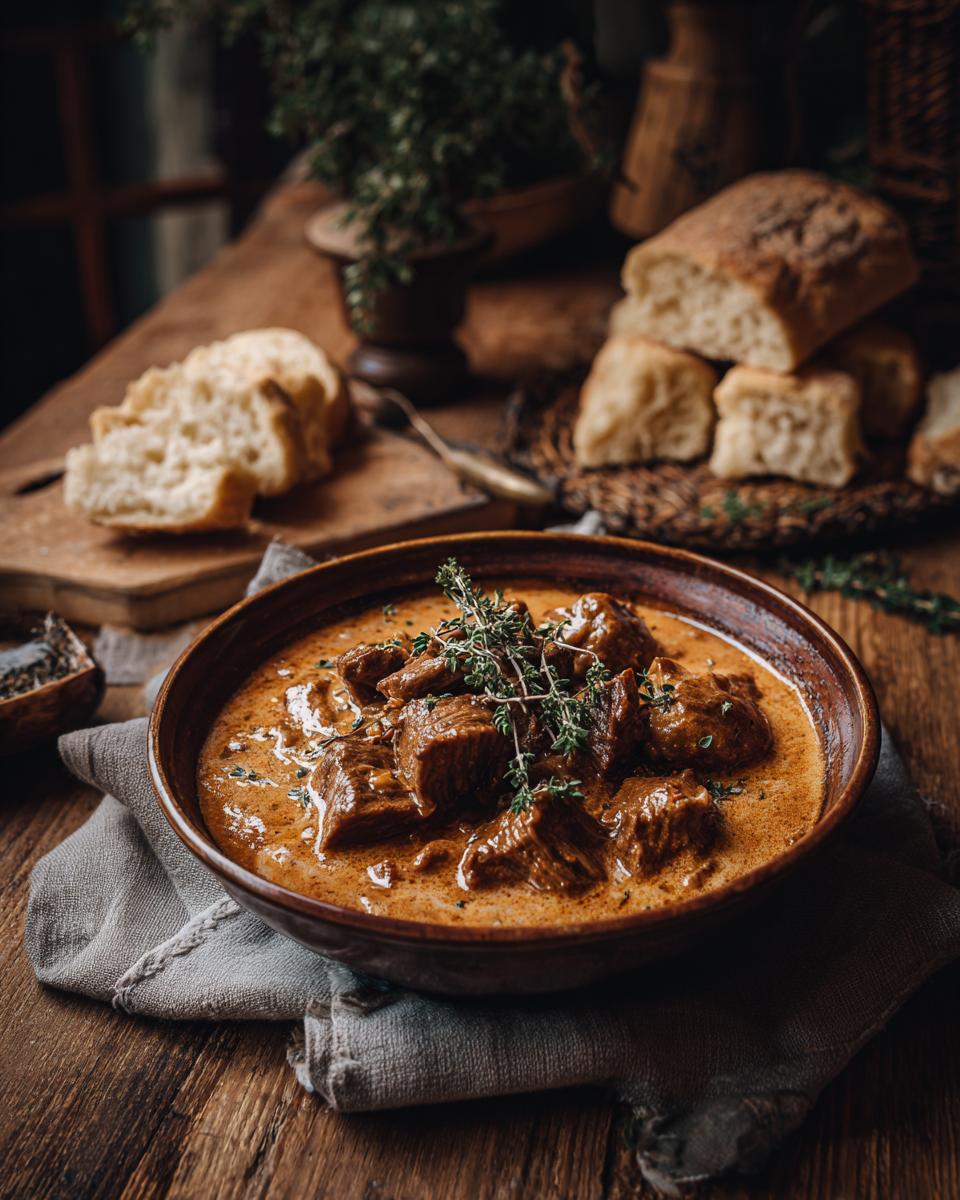 Eine Schüssel mit Butterzartes Rahmgulasch mit Serviettenknödel, garniert mit frischem Thymian, auf einem Holztisch.