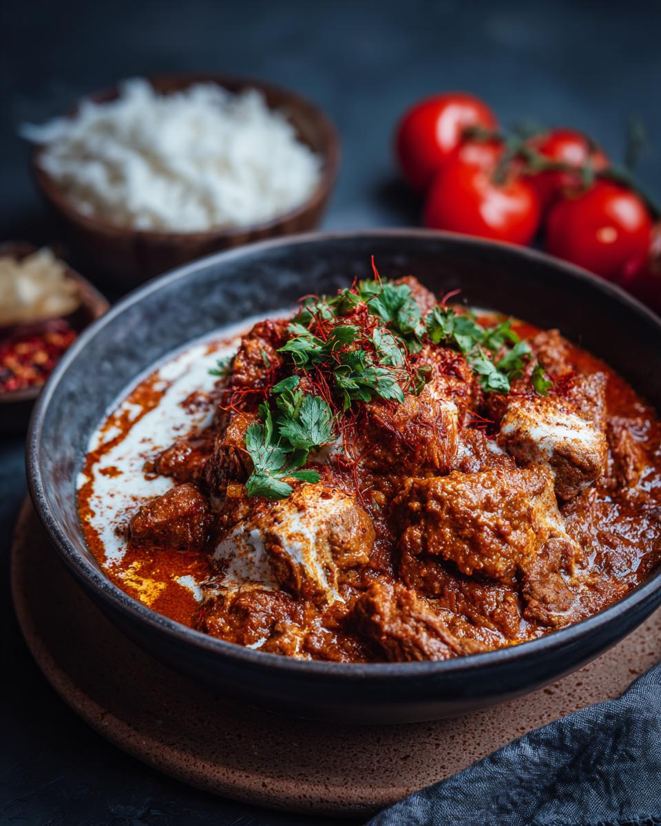 Butterzartes Rahmgulasch mit Serviettenknödel, serviert in einer Schüssel mit Reis und Tomaten im Hintergrund.