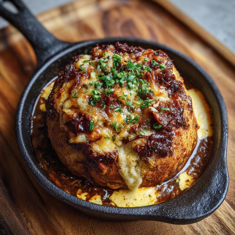 Ein köstlicher Serviettenknödel, überbacken mit Käse und Kräutern, serviert in einer Gusseisenpfanne mit Butterzartes Rahmgulasch.