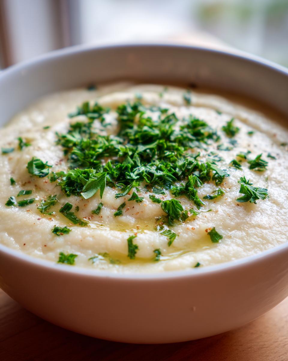 A bowl of CREAMY ROASTED VEGAN CAULIFLOWER SOUP topped with fresh parsley and a drizzle of olive oil.