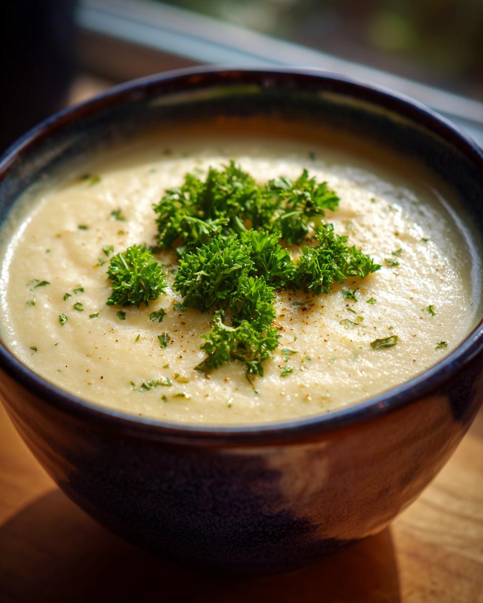 A close-up of a bowl of CREAMY ROASTED VEGAN CAULIFLOWER SOUP, garnished with fresh parsley and a sprinkle of pepper.