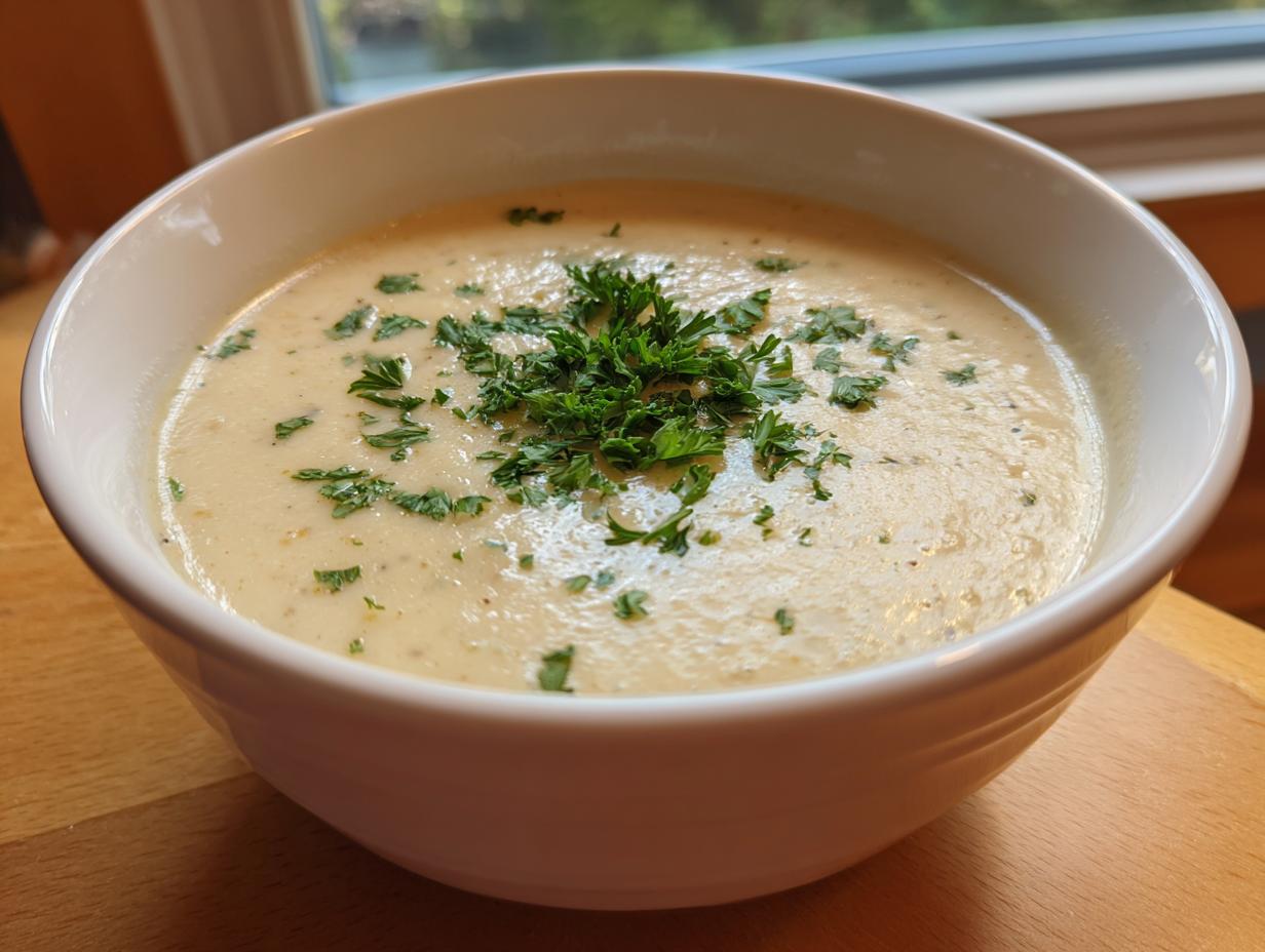 A bowl of creamy vegan cauliflower soup topped with fresh parsley.