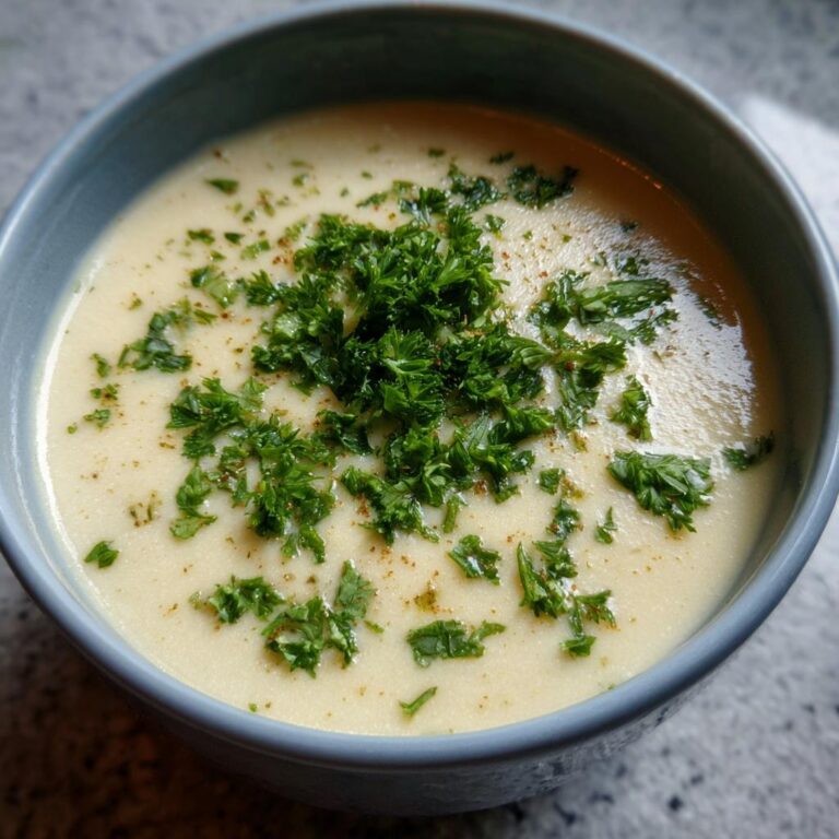 A bowl of creamy vegan cauliflower soup topped with fresh parsley and a sprinkle of spices.