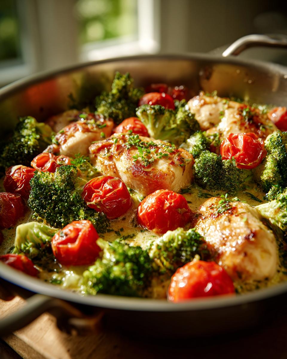 Cremige Brokkoli-Hähnchen-Pfanne mit saftigen Hähnchenbruststücken, frischem Brokkoli und Kirschtomaten in einer cremigen Sauce.