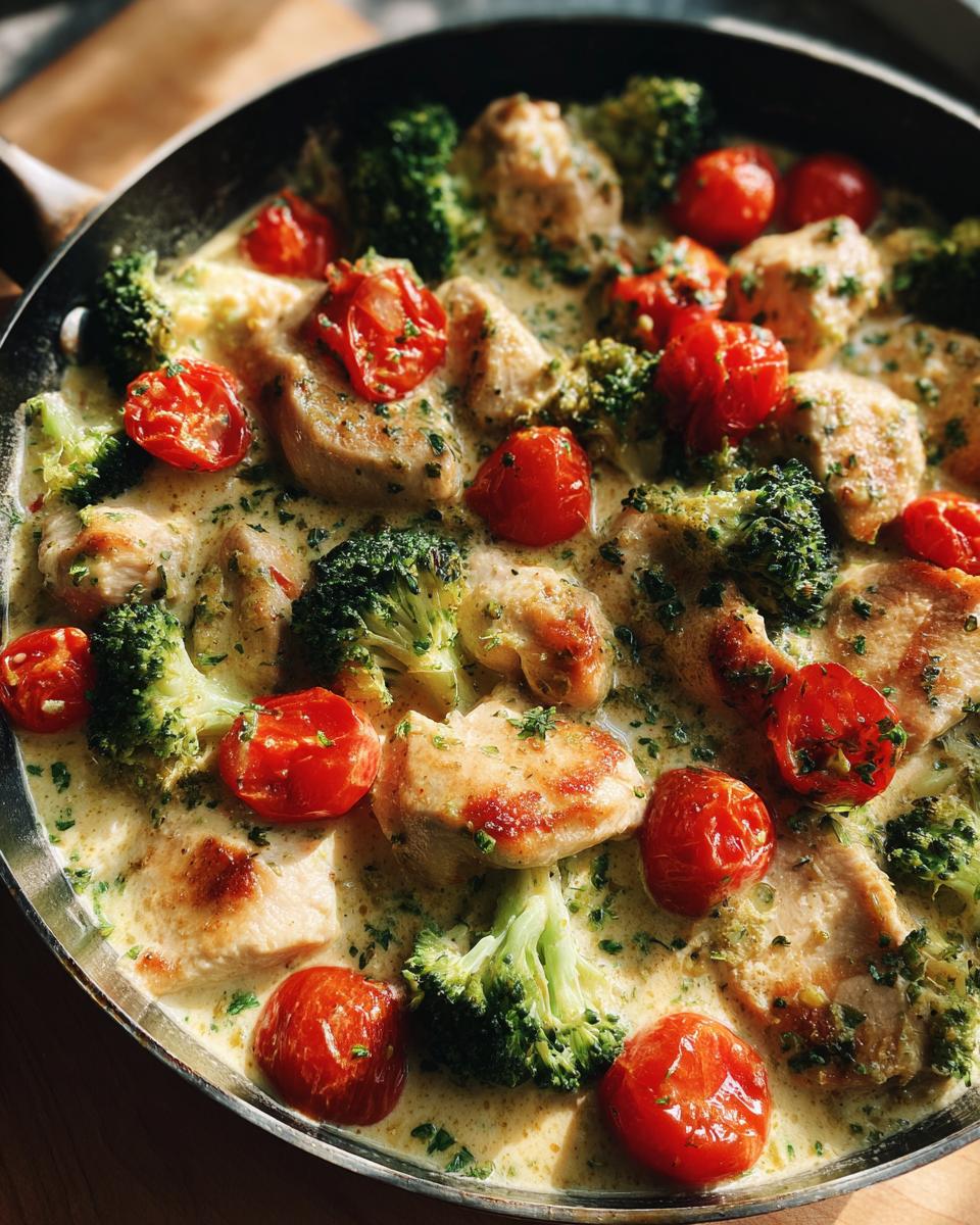 Cremige Brokkoli-Hähnchen-Pfanne mit Tomaten, Hähnchenbrust, Brokkoliröschen und Kirschtomaten in einer cremigen Soße.