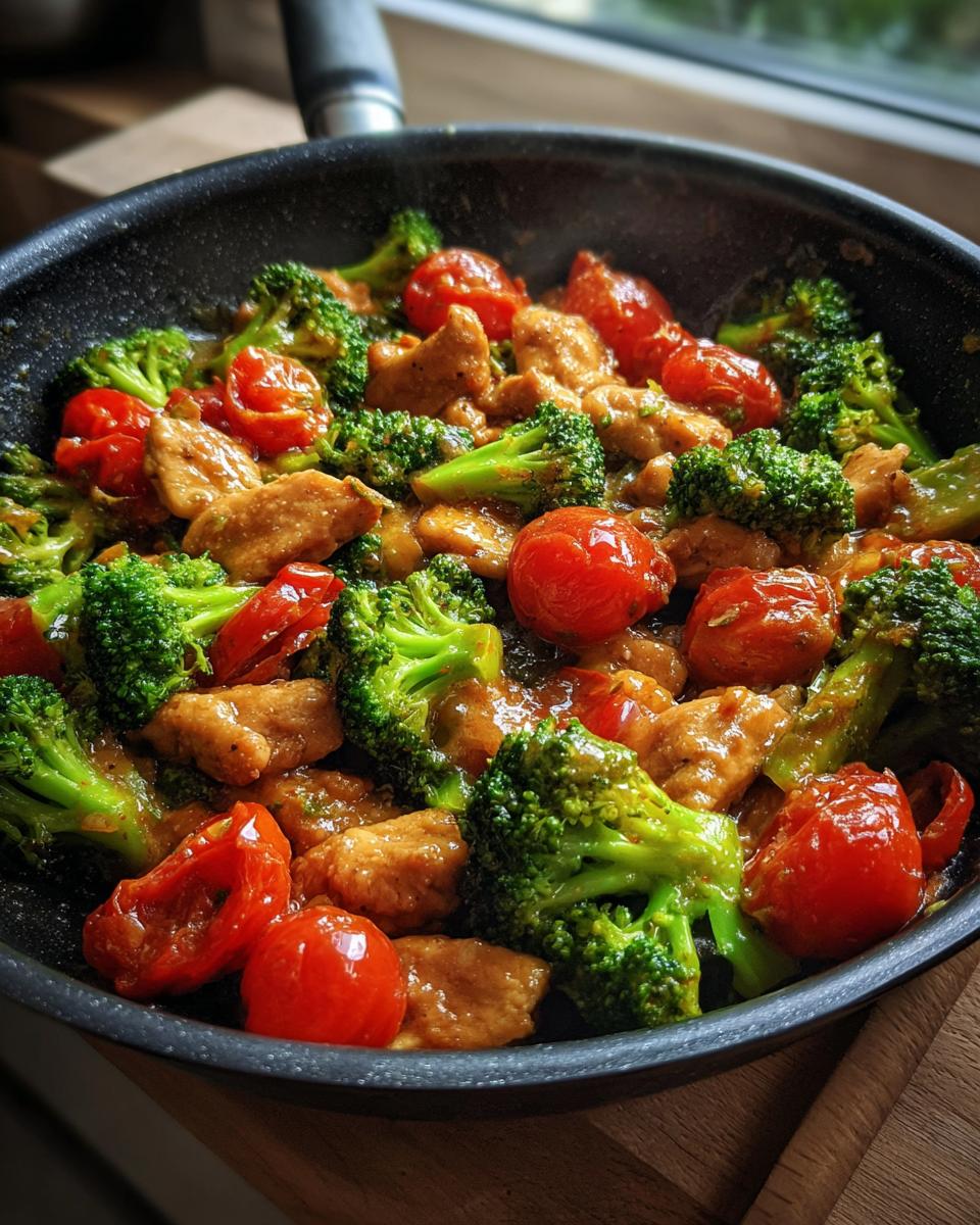 Eine cremige Brokkoli-Hähnchen-Pfanne mit Tomaten, frisch zubereitet in einer Pfanne.