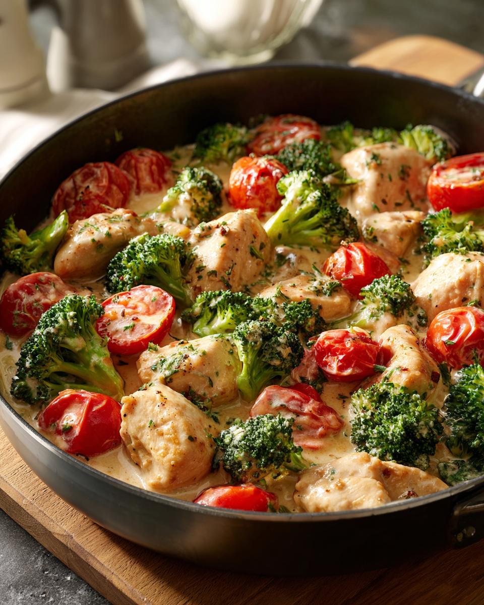 Eine cremige Brokkoli-Hähnchen-Pfanne mit saftigen Hähnchenstücken, knackigem Brokkoli und Kirschtomaten in einer reichhaltigen Sauce.