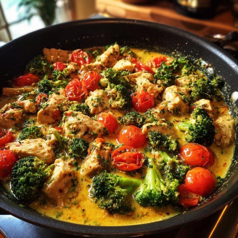 Nahaufnahme einer cremigen Brokkoli-Hähnchen-Pfanne mit saftigen Tomaten und Hähnchenstücken in einer gelben Sauce.